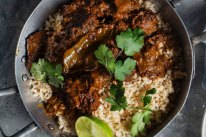 Perfect pairing: Beef rendang curry and turmeric greens.