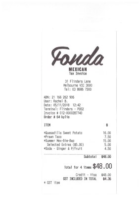 Receipt for lunch at Fonda with author Reni Eddo-Lodge.