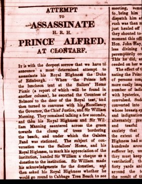 The assassination attempt against Prince Alfred took place in 1868, as recorded in this <i>Sydney Morning Herald</i> article.