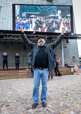 Richard Frankland leads the warrior dance in Federation Square.