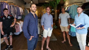Post-football plans: Dragons winger Jason Nightingale (second from left) with Luke Keary,  Justin Hunt, Tyson Frizell and business owner Anthony Pitt. 