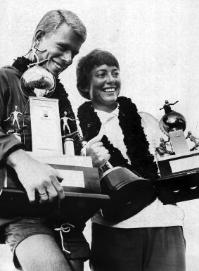The best: Australian surfers Midget Farrelly and Phyllis O'Donnell with their world championship trophies.