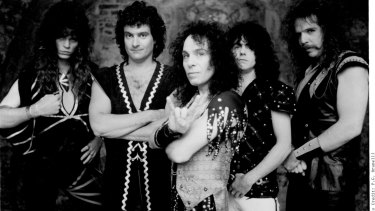 Ronnie James Dio in life with his band: (from left) Craig Goldie, Vinny Appice, Dio, Jimmy Bain, Claude Schnell.
