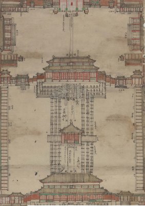 A detail of the Forbidden City plan "Plan of the Route from the Gate of the Great Qing to the Palace of Earthly Tranquillity", from the Guangxu period (1875-1908).