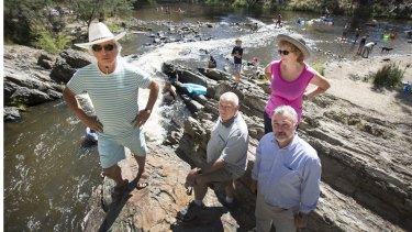 Locals Jeremy Loftus-Hill (left), Warwick Leeson and Jill Dixon, with Yarra riverkeeper Andrew Kelly, are among those concerned over the news of chemical waste in the Yarra near a Warrandyte swimming spot.