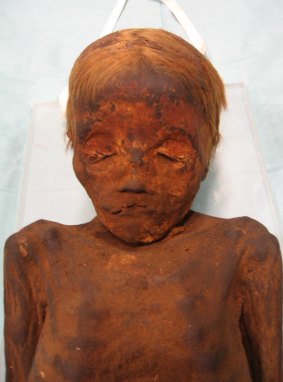A mummified blonde boy,  about five years of age.
