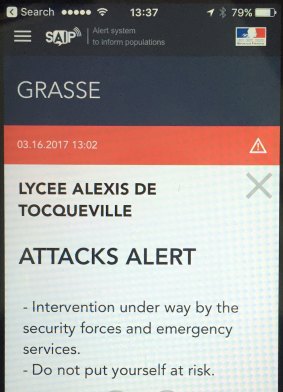 An alert sent out by the French government after initial reports of the shooting.