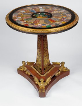 Specimen table designed by George Bullock, c.1815, rosewood inlaid with engraved brass, gilt bronze mounts and inlaid hardstone top.