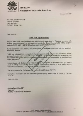 The letter from Treasurer Gladys Berejiklian to Skills Minister John Barilaro over TAFE cash reserves.