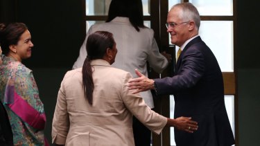 Prime Minister Malcolm Turnbull embraces senator Nova Peris after delivering the Close the Gap report earlier this year.
