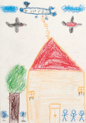 "I drew my happy family. Suddenly the planes bombed us, we were scared, we cried."

By Omar Khalaf, 9 years old, now living in Bint Jbeil, Lebanon.

From Home: Drawings by Syrian Children. Edited by Ben Quilty.