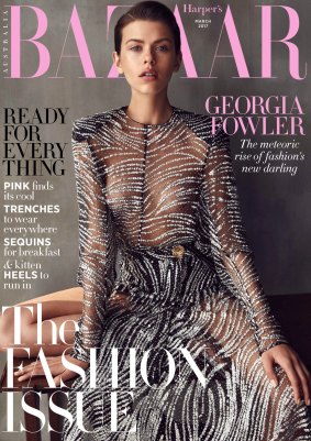 Georgia Fowler as she appears on the March cover of Harper's Bazaar.
