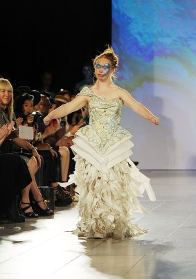 Madeline Stuart walks the runway at the Hendrik Vermeulen show during Spring 2016 at New York Fashion Week.