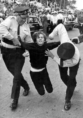 Police arresting a protester at an anti-Vietnam war demonstration.