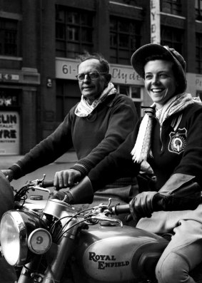 Miss Winnifred Wells of Perth with her father Who rode from Perth to Sydney in 1952 on her Royal Enfield 350 Bullett.
