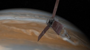 An artist's impression of the Juno spacecraft above the planet Jupiter. 