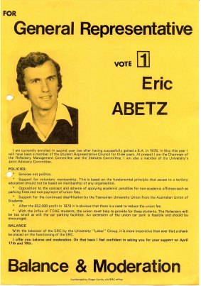 Abetz's flyer for the University of Tasmania student elections.