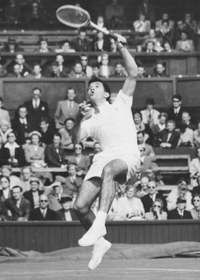 Mervyn Rose in action against Britain's Tony Mottram at Wimbledon in 1954