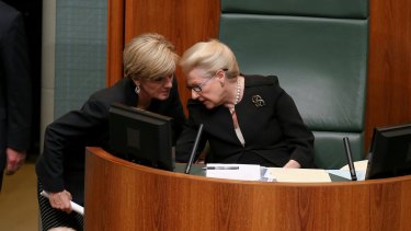 Foreign Affairs Minister Julie Bishop in discussion with Speaker Bronwyn Bishop. They might share a surname but demonstrate different ways of dealing with problems.