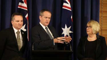 Opposition Leader Bill Shorten announces Labor's plans to oppose the government's changes to family payment, along with shadow treasurer Chris Bowen and opposition spokeswoman for families and payments, Jenny Macklin.