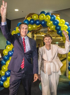 Lord Mayor Graham Quirk, pictured with his wife, Anne, led the LNP to a record Brisbane City Council victory on Saturday.