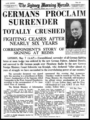 Front Page of The Sydney Morning Herald from May 8 1945