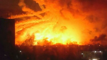 Fire rages at a military ammunition depot in Balaklia near Khrakiv in Ukraine .