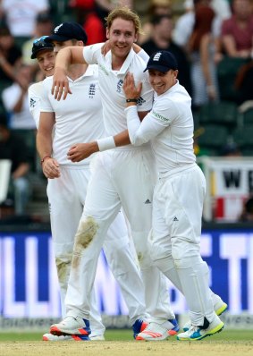 Destroyer: Stuart Broad celebrates the wicket of Faf du Plessis during day 3 of the 3rd Test between South Africa and England at Wanderers Stadium in Johannesburg.
