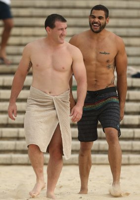 Paul Gallen the shark is definitely not the captain of the Cronulla Sharks, pictured here with Greg Inglis.