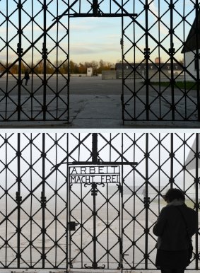 The main entrance gate of the former concentration camp in Dachau missing its inscription 'Work sets you free' (Arbeit macht frei). The original gate is pictured below.