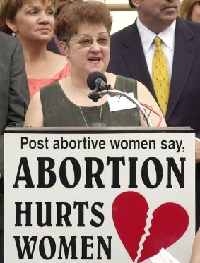 Norma McCorvey campaigning against abortion in 2003, after becoming a born-again Christian.