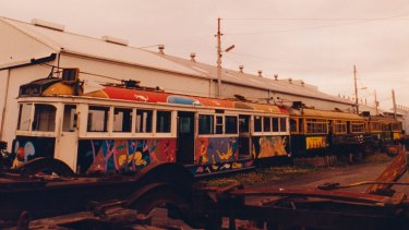 Michael Leunig's art tram pictured exposed to the elements in 1993. It is now in storage in VicTrack's Newport rail yards.