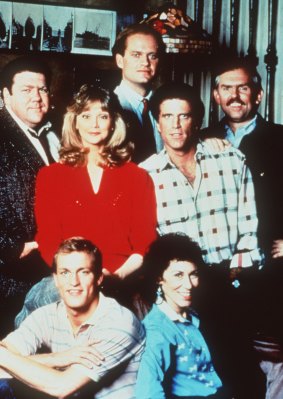 Woody Harrelson (front left) changed the dynamic of the <i>Cheers</i> bar when he joined the cast.