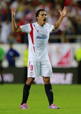 Sevilla's Carlos Bacca celebrates after scoring against Villarreal.