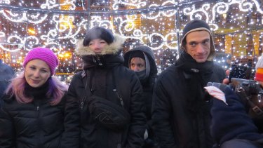 Pavlensky (right) during a protest in Moscow in 2014. The artist has been daring authorities to punish him.