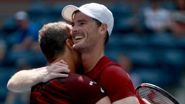 Jamie Murray and Bruno Soares celebrate after their doubles win.