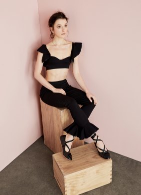 Michael Lo Sordo bralette, $250, and leggings, $250. Holly Ryan “Single Spike” earring, $190. Marni ballet flats, $795. 