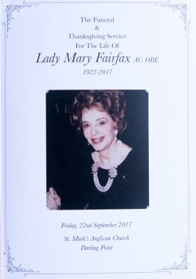 The memorial booklet for the funeral of Lady (Mary) Fairfax.
