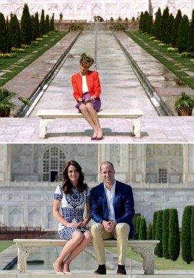 Complete contrast: The image of Diana, then 30, looking forlorn in front of the magnificent white marble tomb during her 1992 tour of the country with ex-husband, Prince Charles, became an iconic one.