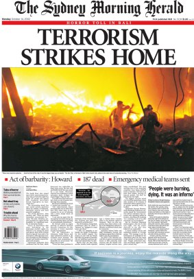 Front Page of The Sydney Morning Herald from October 14 2002