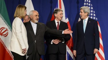 'Framework' for a deal: (from left) EU High Representative for Foreign Affairs and Security Policy Federica Mogherini, Iranian Foreign Minister Mohammad Javad Zarif, British Foreign Secretary Philip Hammond, and US Secretary of State John Kerry.