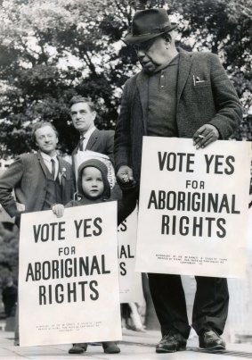The "Vote Yes for Aboriginal Rights" march on May 27, 1967: Bill Onus, president of the Victorian Aborigines' Advancement League, was the only Aborigine to take part. The boy is John Bennett, 3, of Park Orchards. 