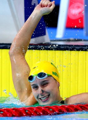 Belinda Hocking celebrates a win at the 2014 Commonwealth Games.