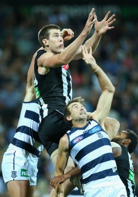 Magpie Mason Cox gets front position over Corey Enright in the NAB Challenge match against Geelong last weekend. 