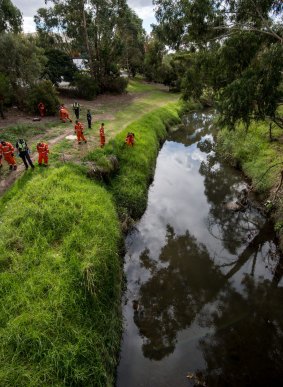 SES, Forensics and uniform Police do a line search along the bank of the Darebin Creek.