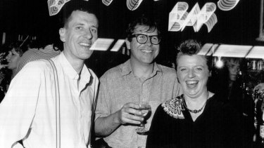 Archer with Geoffrey Rush, left, and Neil Armfield at Belvoir St. Theatre in 1989.