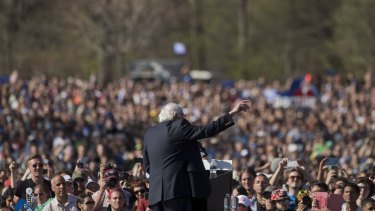 Change of tone: Senator Bernie Sanders, contender for the Democratic presidential nomination, speaks at Prospect Park in Brooklyn.