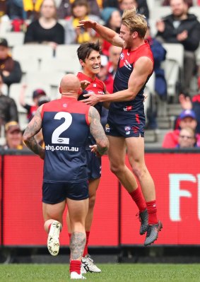 Jack Watts celebrates with Sam Weideman.