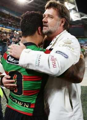 Russell Crowe embraces Issac Luke after the first preliminary final match between the South Sydney Rabbitohs and the Sydney Roosters last year.