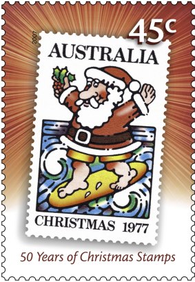 The controversial Surfing Santa stamp of 1977, re-released in 2007 by Australia Post.